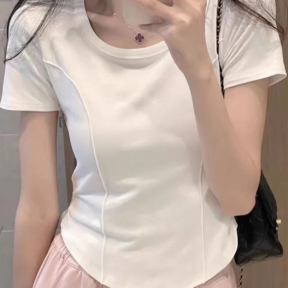 白色正肩短袖t恤女夏季纯棉打底半袖短款不规则收腰显瘦鱼骨上衣