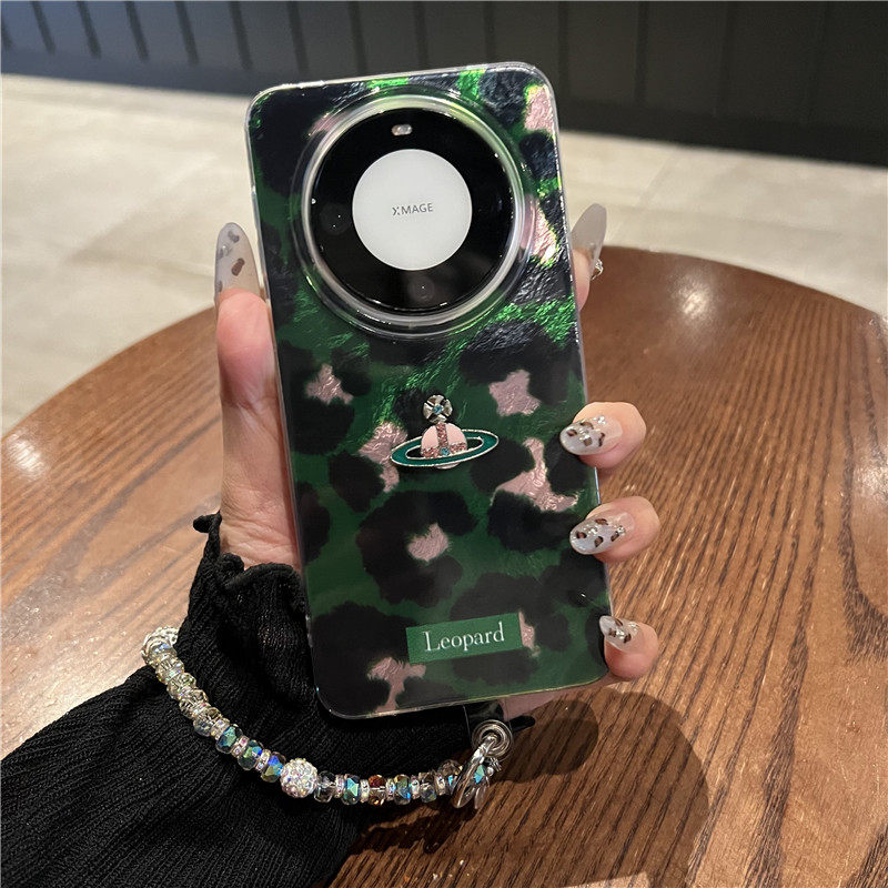 适用华为mate60pro+手机壳pura70pro+日韩ins渐变绿色豹纹mate40/50pro高级感腕带链条硅胶防摔网红女保护套