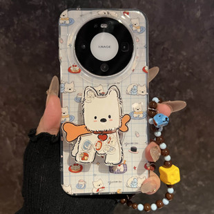 适用华为mate80promax手机壳趣味格纹小狗mate60pro+摇摇乐支架mate70pro链条挂绳pura70pro+双层p80防摔女款