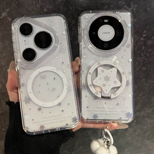 适用华为mate80promax手机壳韩系透明雪花渐变闪粉Mate60pro+链条pura70pro+磁吸支架mate70pro双层防摔p80女