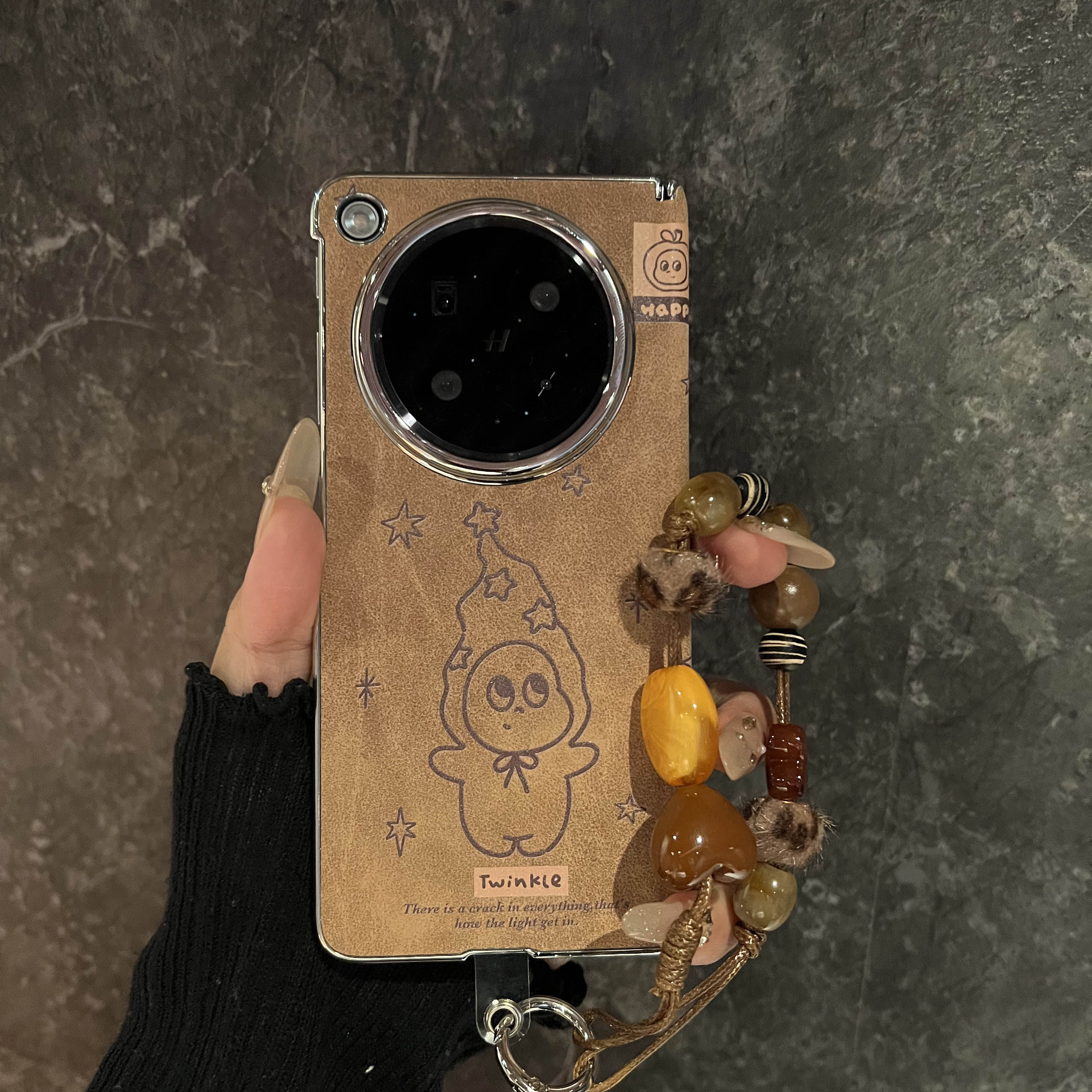 适用oppofomdN6折叠屏手机壳华为mateX7美拉德棕线条星星可爱小人荣耀V6中轴保护matex6x5链条翻毛皮防摔男女