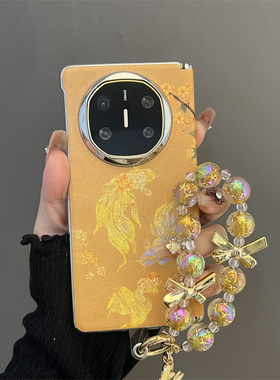 国风海棠花锦鲤适用华为matex7折叠屏手机壳matex6电镀皮纹vivoxfold5中轴手拎手绳oppon5女款荣耀magicv5防