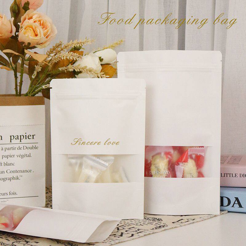 开窗自立自封袋茶叶零食分装袋防潮密封食品包装袋子白色牛皮纸袋