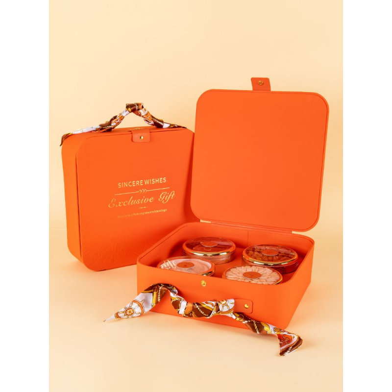 新款橙色丝巾皮纹手提箱多拼礼盒包装盒燕窝石斛花旗参鹿茸礼品盒