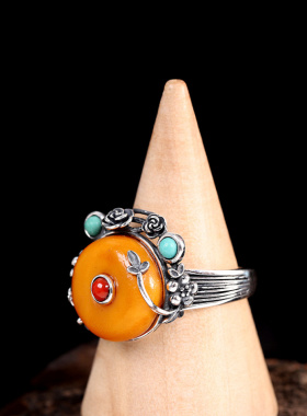 泰银仿古s925开口蜜蜡戒