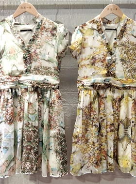 RMEO浪漫一身女夏法式浪漫雪纺碎花连衣裙中长款插肩袖裙子宽松腰