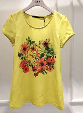 RMEO/浪漫一身夏季雪纺休闲小衫女宽松印花体恤上衣棉料吸汗短袖