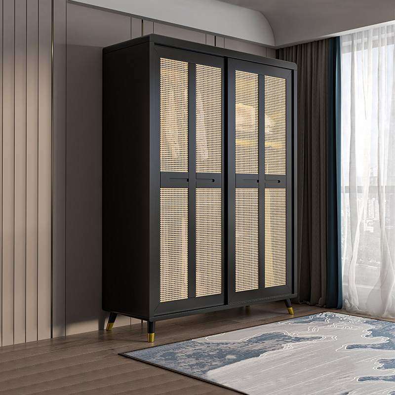 藤编衣柜实木日式简易收纳柜两门衣橱复古民宿家用卧室推拉门衣柜