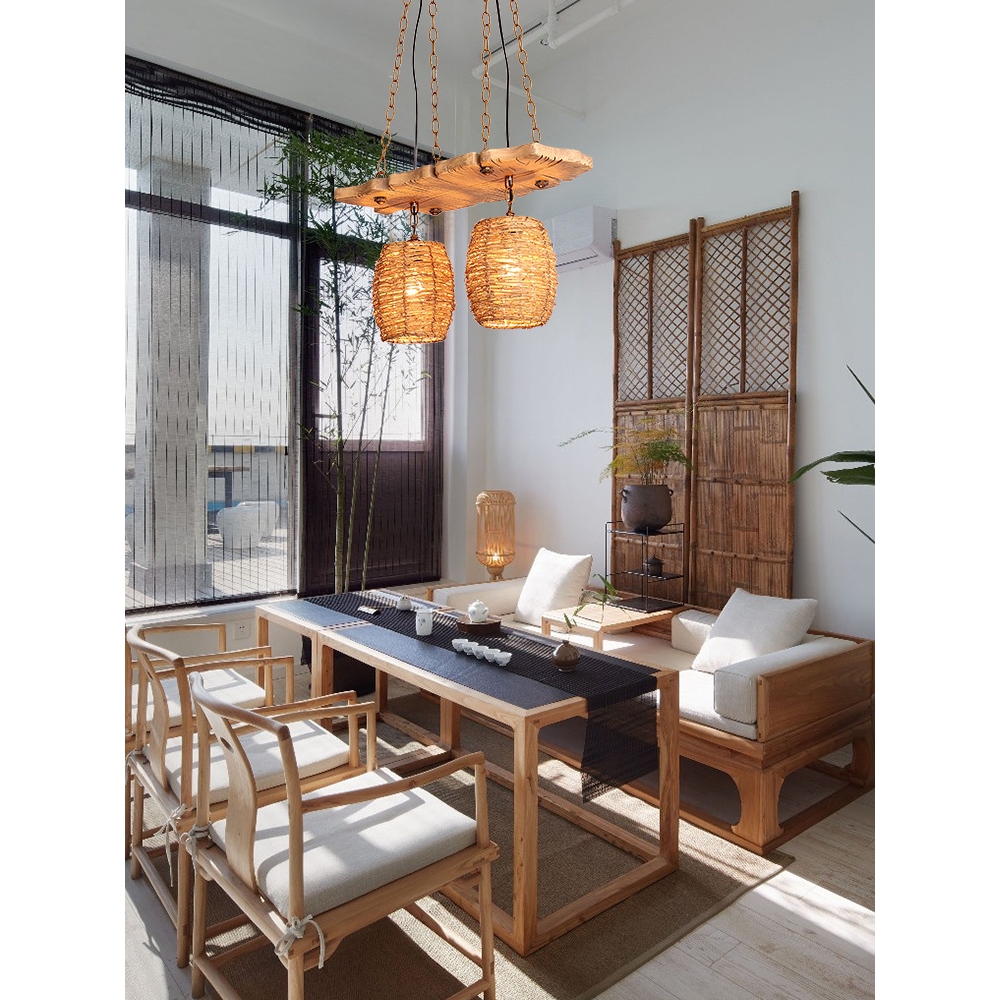 艺术灯竹编吊灯仿古餐厅茶室民宿过道装饰日式木艺灯鱼吊灯新中式