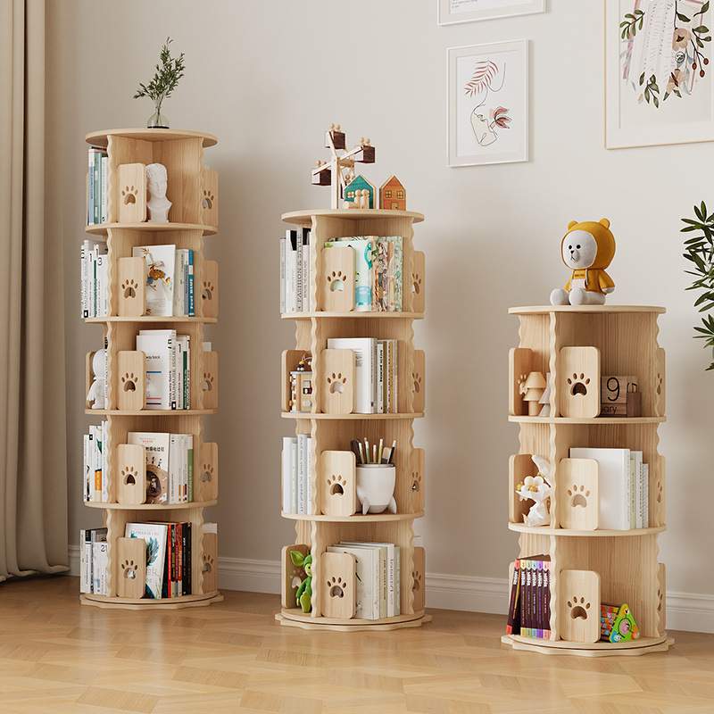 实木旋转书柜360度落地家用卧室小型会本收纳置物架儿童简单书架