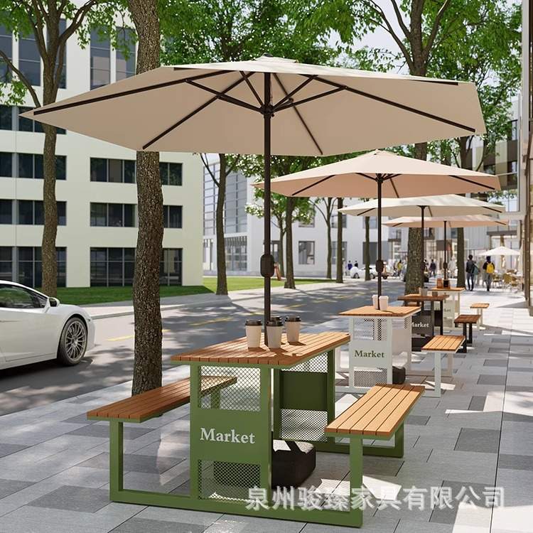 户外餐桌椅组合花园露天阳台休闲长条凳子一体式室外露天休闲桌椅