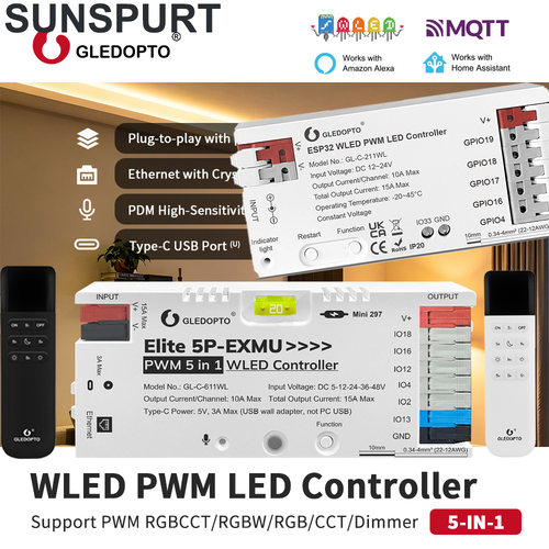 WLED ESP32六路以太网幻彩控制器WS281X七彩RGBCW5合1PWM 611/619