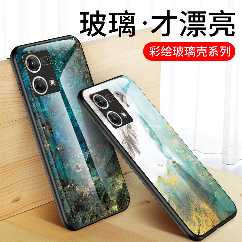 适用OPPO Reno7海外4G版手机壳全包防摔opporeno7玻璃保护套reno7国际版大理石彩绘CPH2363男女款reno74g外壳