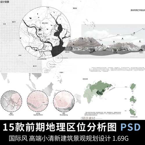 景观园林建筑规划前期设计分析图小清新竞赛风区位分析PSD规划图