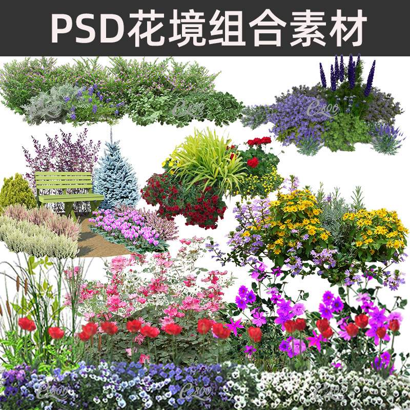 花境植物组团花海效果图psd素材角堇洋水仙客来八宝景PSD分层素材