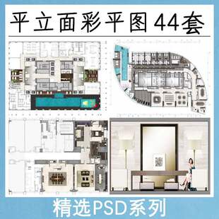 工装 室内彩色平面图PS分层户型高端设计家装 总图彩图立面图素材