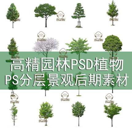 景观园林植物花鸟山石造景篱笆汀步草坪盆景蓝山紫薇榆树高清素材