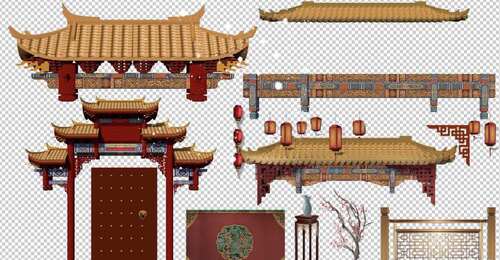 中式婚礼古典屋檐故宫城楼灯笼PS效果复古婚庆道具PSD效果图素材