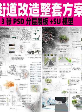 竞赛风灰调城市街道改造SU模型A1竖版A0 PSD展板模板排版景观素材