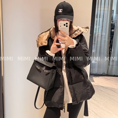 黑金Agneux蚂蚁腰连帽撞色羽绒服