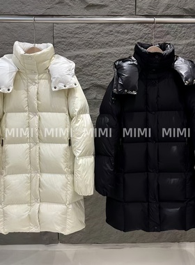 MIMI/渠道货盟.K女士Litte黑巧黑色连帽长款羽绒夹克方格保暖外套