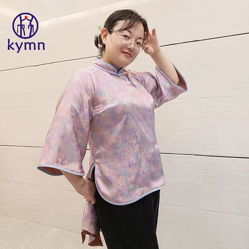 kymn真丝香云纱复古民国风宋锦提花盘扣倒大袖中国风时尚中式上衣