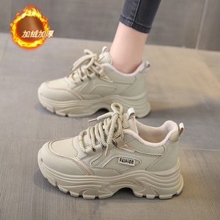 爆款 皮面加绒老爹鞋 保暖百搭防水女士运动休闲鞋 冬季 女2024年新款