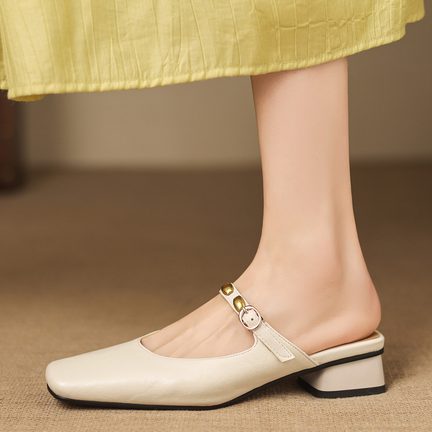 Dale黛迩~ 法式包头粗跟凉拖鞋女一字带方头穆勒鞋舒适不累脚凉鞋