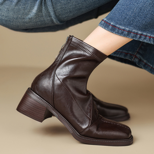 大码女靴41—43秋冬加绒百搭复古方头粗跟弹力瘦瘦靴小码靴子3233