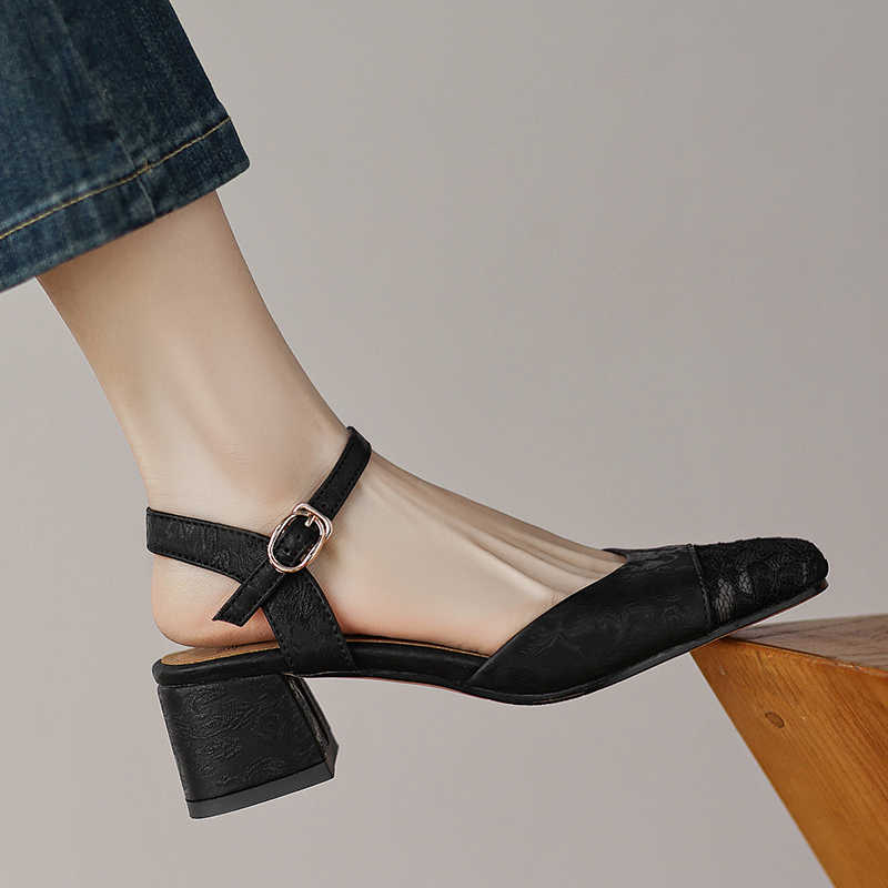 Dale~蕾丝印花新中式包头凉鞋