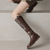 时尚 女孩 低跟高筒骑士靴女百搭复古显瘦不过膝长靴 大码 Dale黛迩