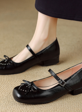 小码3233复古风黑色蝴蝶结玛丽珍鞋女低跟一字带浅口单鞋百搭大码