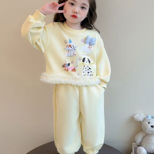 纯棉女童套装秋装冬季银狐绒女宝宝洋气甜美卫衣打底裤儿童两件套