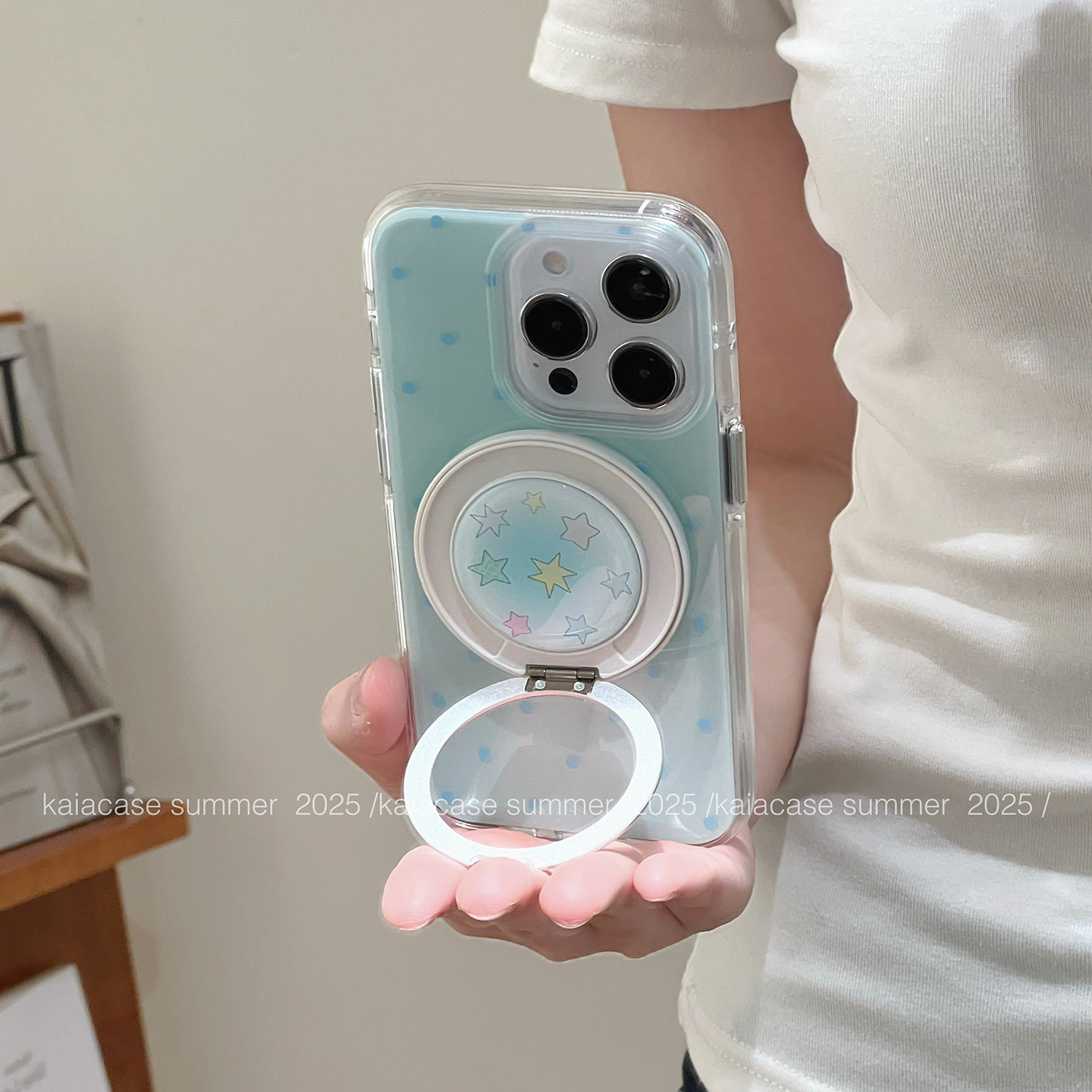 kaia简约清新蓝波点彩色星星适用苹果16promax手机壳iphone13新款15女14pro旋转磁吸支架16pro全包防摔手机套图片
