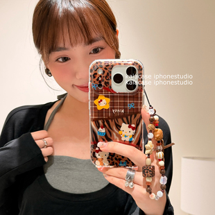 kaia 美拉德棕色斑纹格子哈喽kt适用苹果17promax手机壳iphone16pro新款15女14pro带链条13pro双层防摔手机套