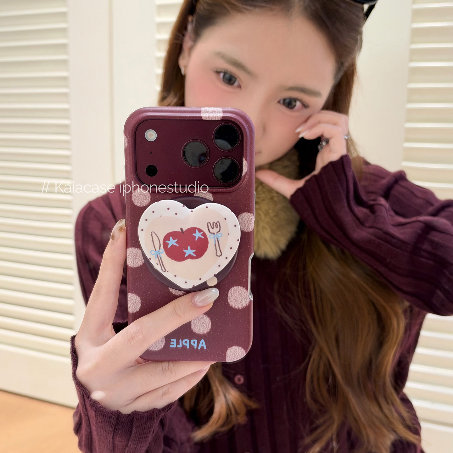 kaia甜心酒红手绘波点爱心适用苹果18promax手机壳iphone18pro新款17pm磁吸支架15pro女16pm全包17防摔手机套