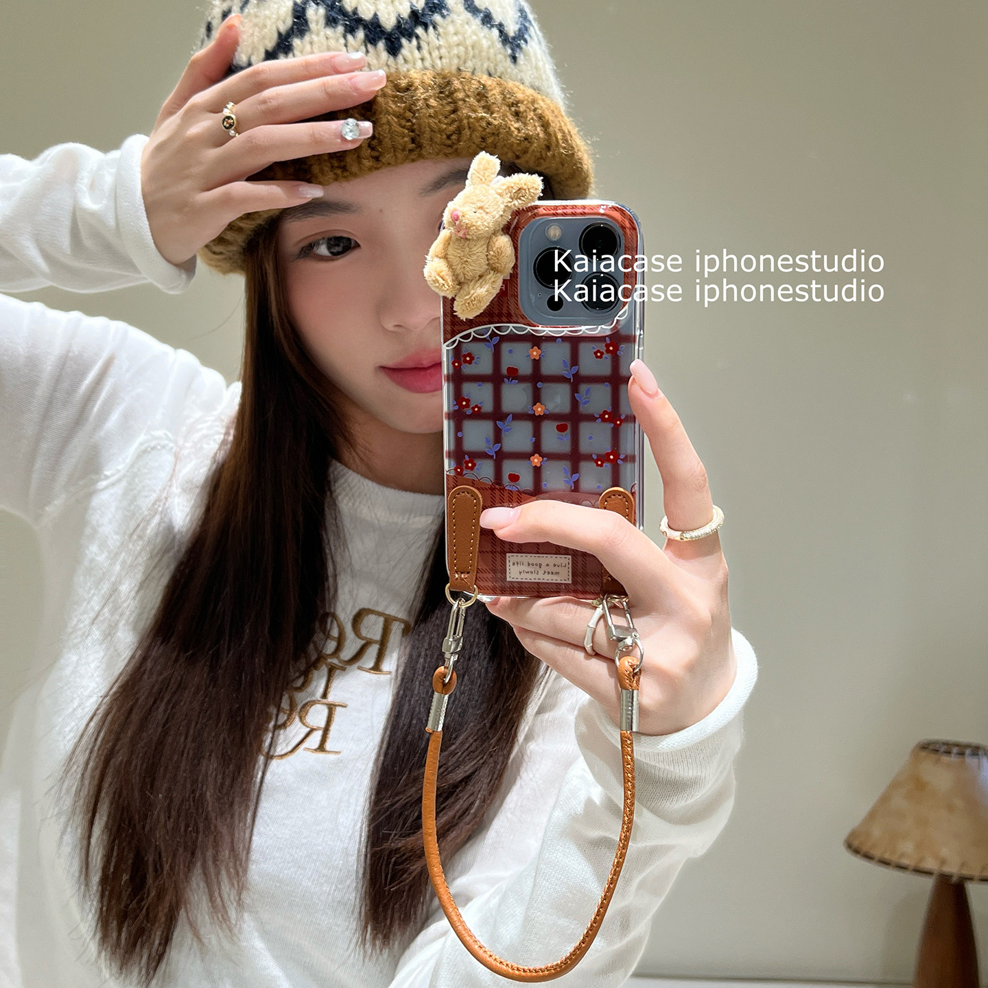 kaia秋冬新款碎花棕格纹立体兔子适用苹果16promax手机壳iphone13新款15女14pro腕带挂绳16pro双层防摔手机套,3C数码配件,手机保护套/壳,淘宝优惠券,粉丝福利购,淘宝优惠卷