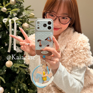 kaia 秋冬波点横纹卡通刺绣小马适用苹果17promax手机壳iphone16pro新款17女14pro带挂绳15pro皮质防摔手机套