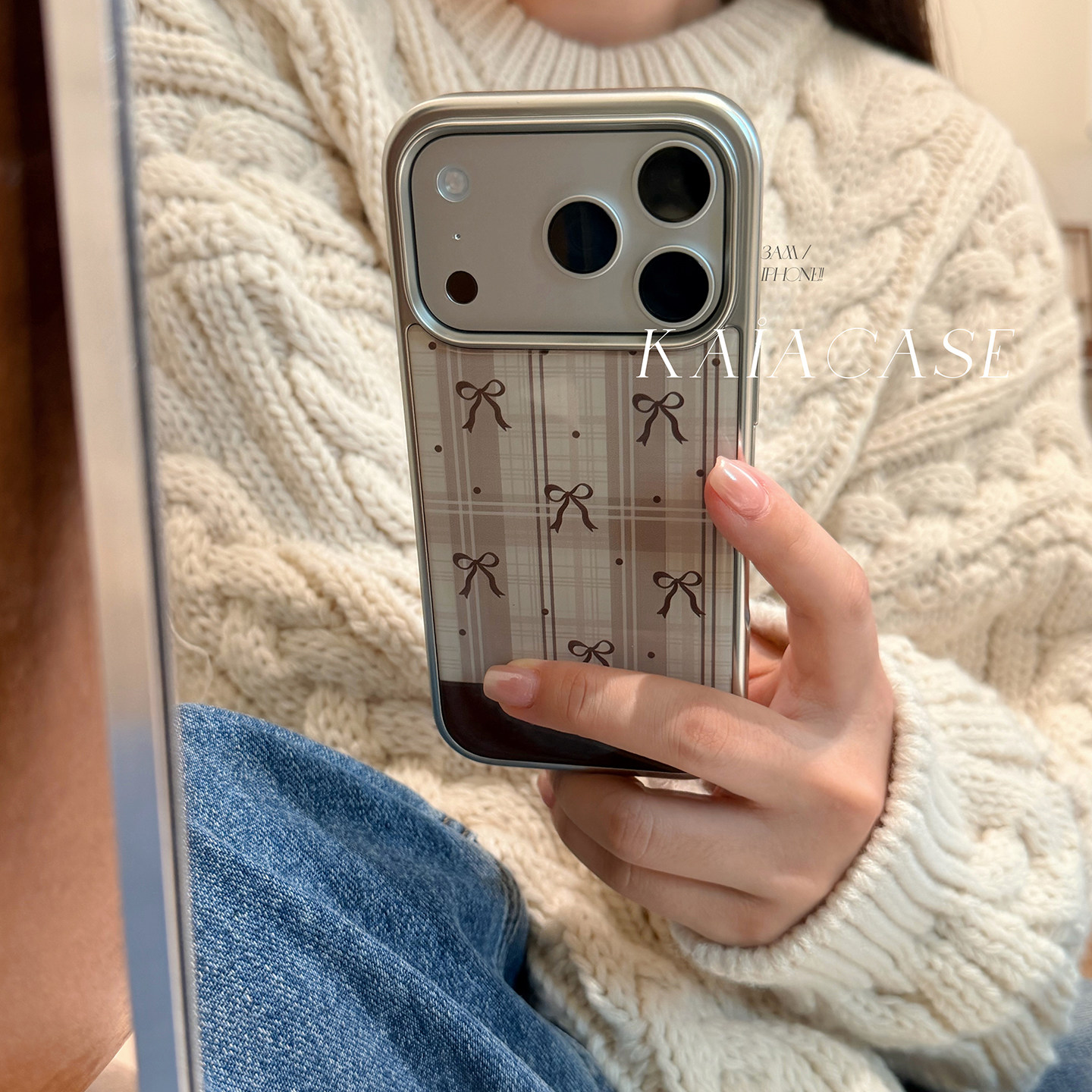 kaia 韩风少女心简约棕格纹蝴蝶结适用苹果17promax手机壳iphone16pro新款13女14pro创意15pro全包防摔手机套,3C数码配件,手机保护套/壳,淘宝优惠券,粉丝福利购,淘宝优惠卷