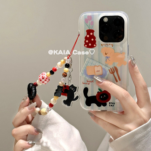 kaia 韩系ins小众花瓶猫狗插画适用iphone16promax手机壳苹果13新款15promax双层14女款12带链条苹果16手机套