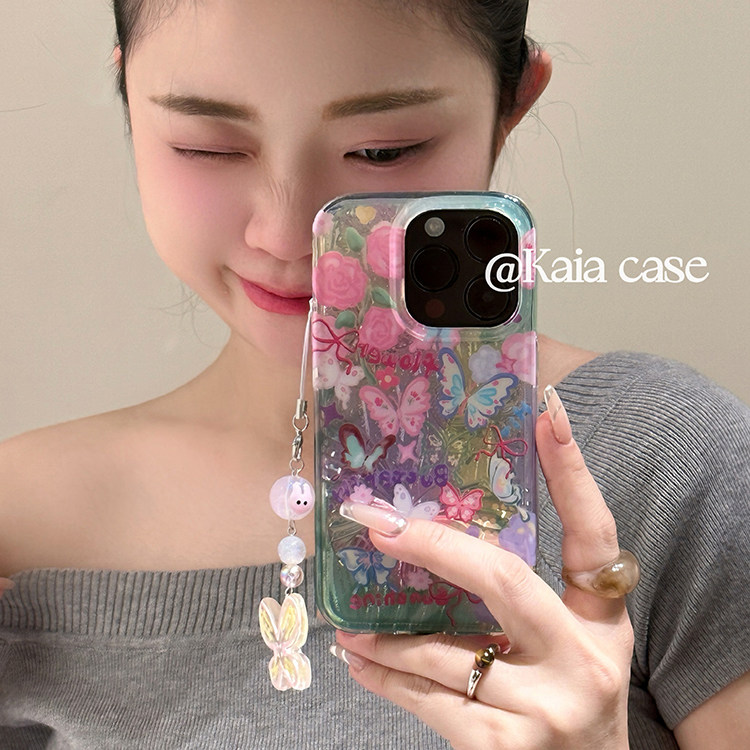 kaia 超仙温柔油画粉色蝴蝶蔷薇花适用苹果18promax手机壳iphone13新款15女14pro带挂件17pro全包防摔手机套