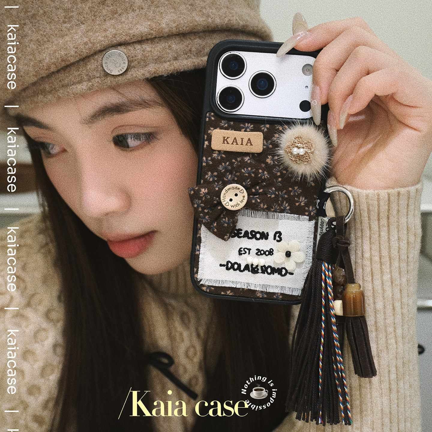 kaia 原创秋冬复古棕贴布碎花流苏适用苹果17promax手机
