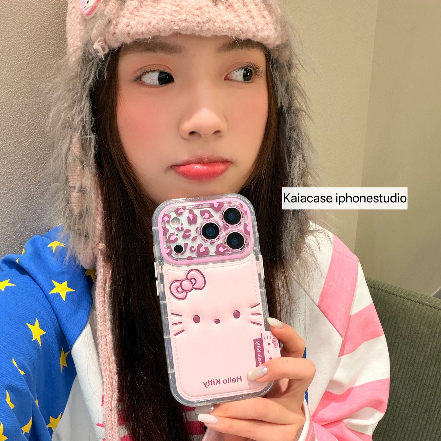 kaia 少女粉豹纹哈喽kt凯蒂猫标签适用苹果17promax手机壳iphone16pro新款13女14pro创意15pro皮质防摔手机套,3C数码配件,手机保护套/壳,淘宝优惠券,粉丝福利购,淘宝优惠卷
