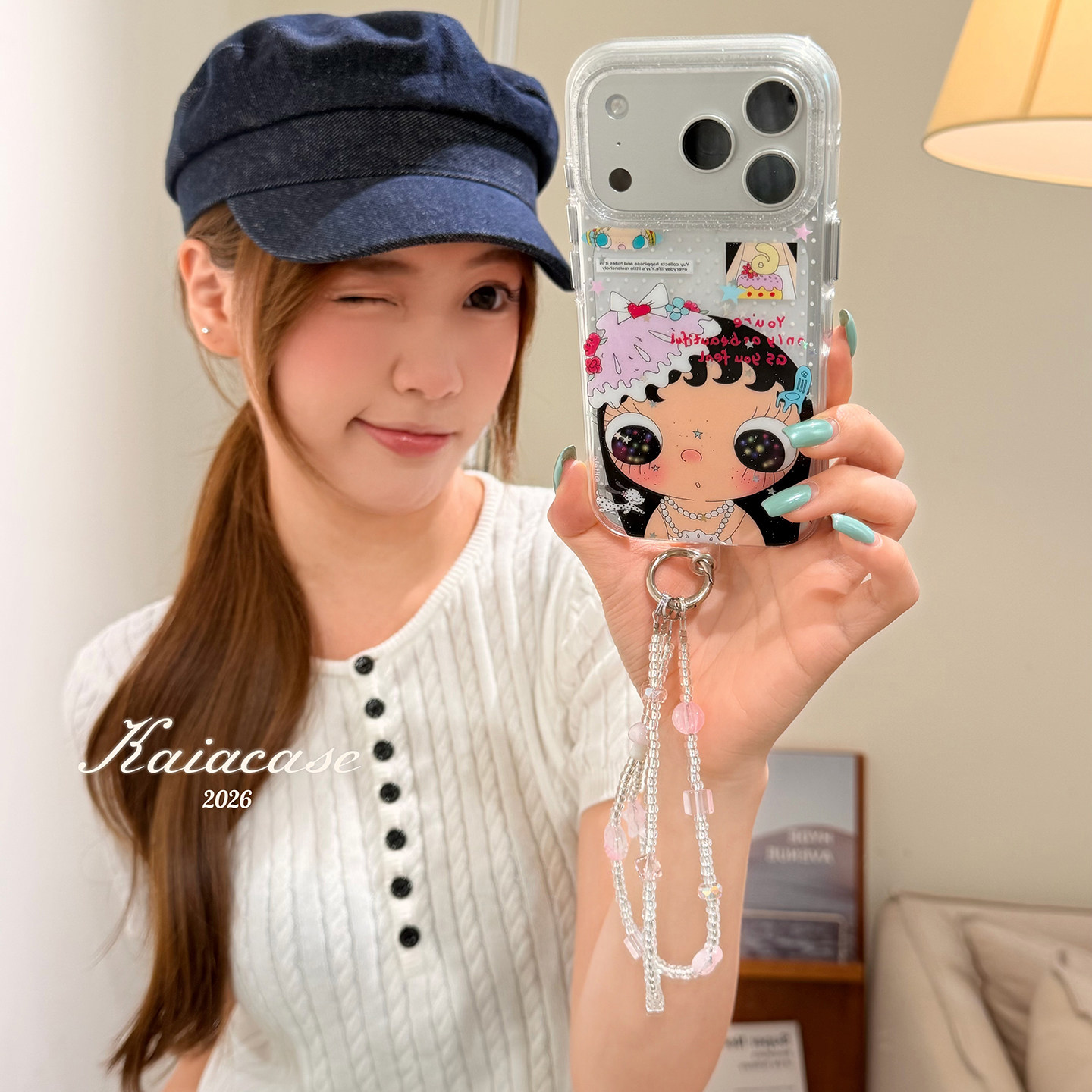 kaia 可爱涂鸦珠光宝气小玉yuy适用苹果17promax手机壳iphone16pro新款13女14pro带链条15pro全包防摔手机套