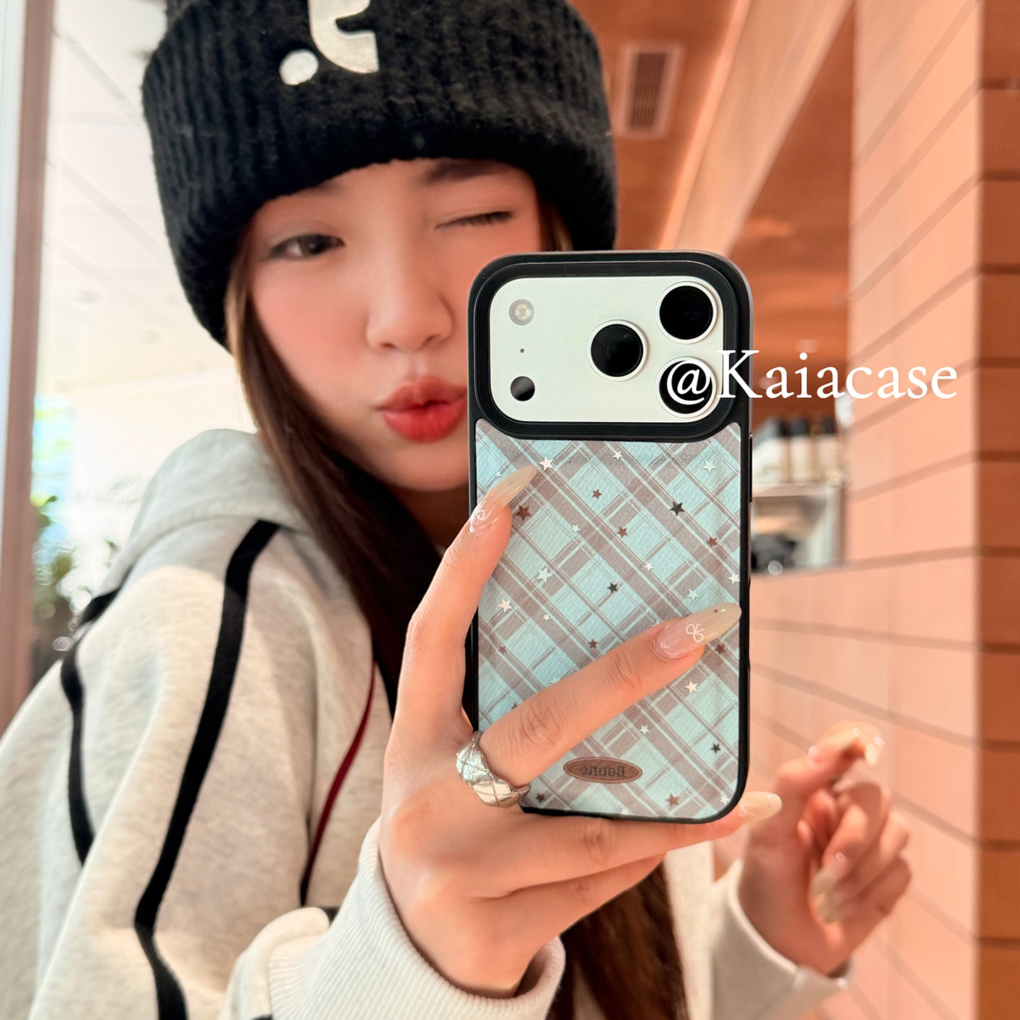 kaia 韩系清新简约薄荷绿格纹星星适用苹果17promax手机壳iphone16pro新款13女14pro创意15pro皮质防摔手机套,3C数码配件,手机保护套/壳,淘宝优惠券,粉丝福利购,淘宝优惠卷