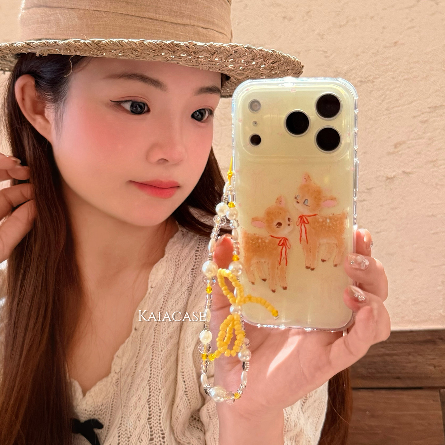 kaia俏皮ins卡通油画梅花鹿花朵适用苹果17promax手机壳iphone16pro新款17女14pro带链条15pro双层防摔手机套