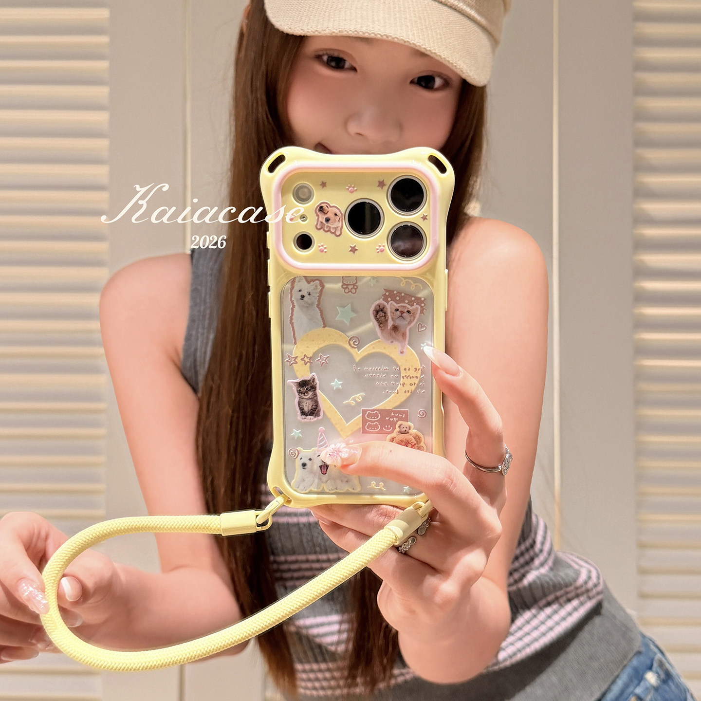 kaia 奶黄可爱猫咪狗狗爱心适用苹果18promax手机壳iphone17pro新款16女15挂绳壳14pro全包13透明防摔手机套