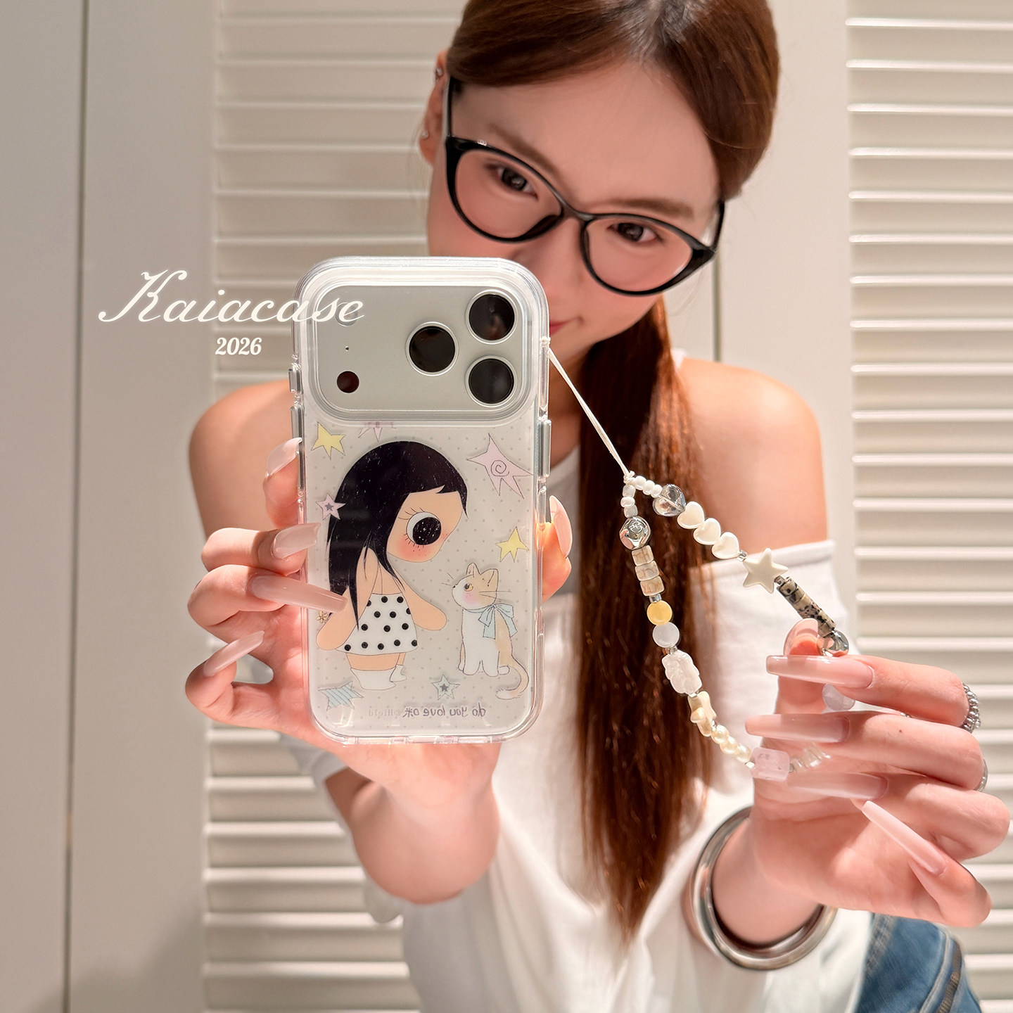 kaia 可爱波点小玉yuy猫咪对视适用苹果17promax手机壳iphone16pro新款13女14pro带链条15pro全包防摔手机套图片