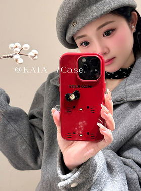 kaia 新年酒红色哈喽kt猫用苹果16promax手机壳iphone13新款13立体蝴蝶结15女款15promax全包16pro防摔手机套