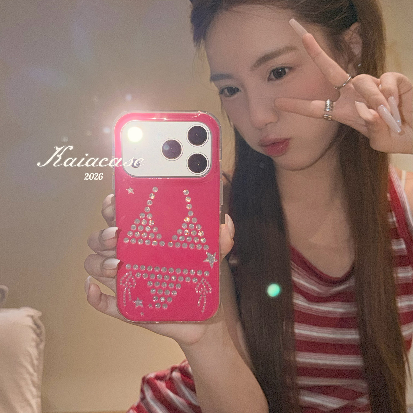 kaia 辣妹火龙果红波点比基尼适用苹果17promax手机壳iphone16pro新款16女17pro创意15pro全包双层防摔手机套